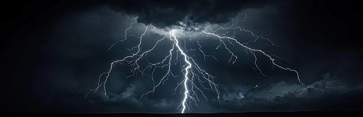 Dramatic lightning strikes during a stormy night sky.