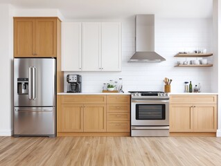 Fototapeta premium Stylish kitchen with cedar cabinets, stainless steel, and wooden floors.
