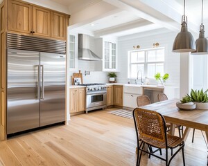 Basswood cabinets and steel appliances feature in this cozy Snow Valley kitchen.