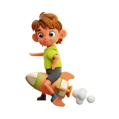3D Illustration Boy Student Riding Rockets