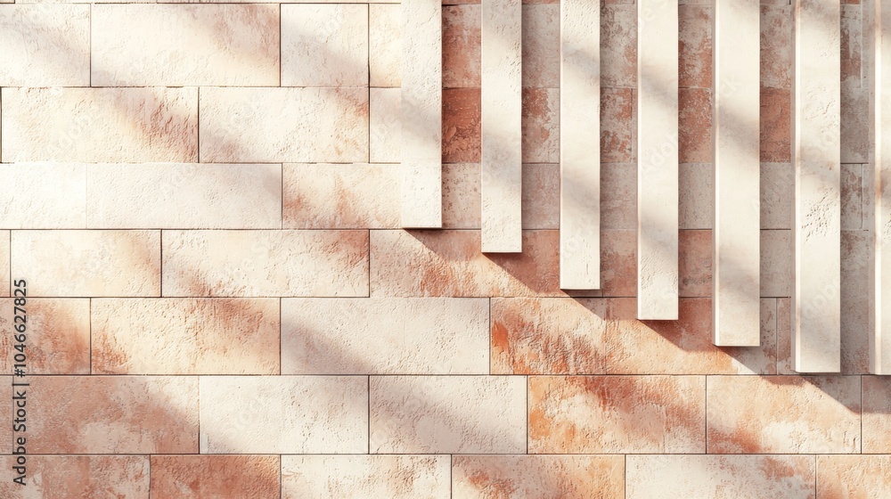 Poster sunlight is casting shadows on a modern stone wall with decorative columns, creating a beautiful pla