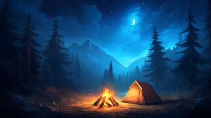 Tranquil camping scene under a starlit sky
