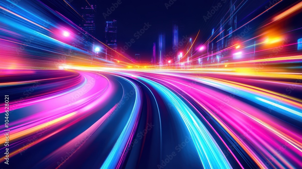 Poster dynamic light streaks in vibrant colors, creating a sense of motion on a dark background.