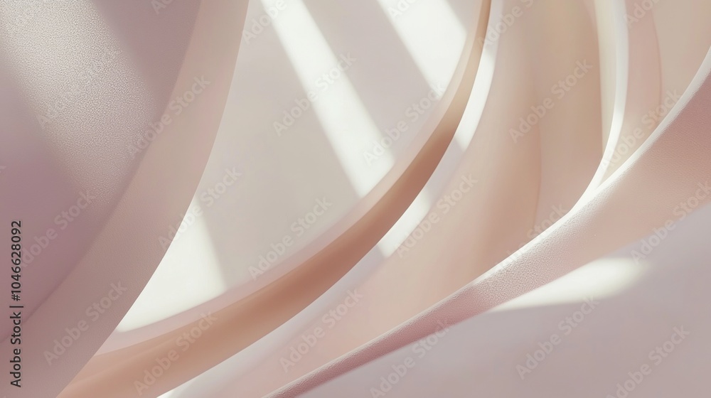 Poster minimal pink background with curved shapes overlapping and crossing, illuminated by a delicate light