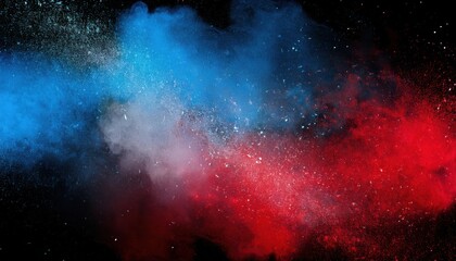 Intense Red Blue Color Powder Dust Explosion. High-Energy Abstract Burst with Scattered Particles for Bold Design Concepts, Dynamic Poster Art, or Vibrant Visual Effects in Creative Projects