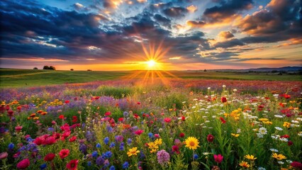 Sunset Over Fields Colorful Wildflowers