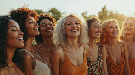 Obraz premium Diverse group of women smiling and posing together outdoors