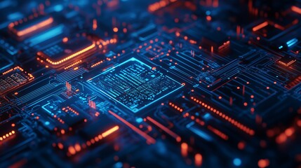Obraz premium Futuristic Circuit Board with Glowing Microchip, High-Tech Technology, Blue and Orange Lights, Digital Hardware, Advanced Electronics, AI Processor, Cybersecurity Concept, Data Processing