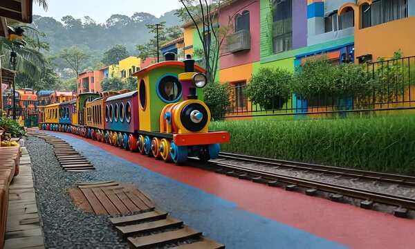 Colorful children's train play structure in a vibrant outdoor setting.
