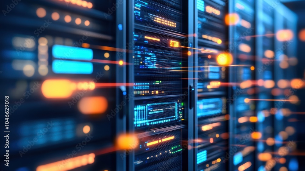 Poster futuristic data center with illuminated server racks and high-speed data flow.