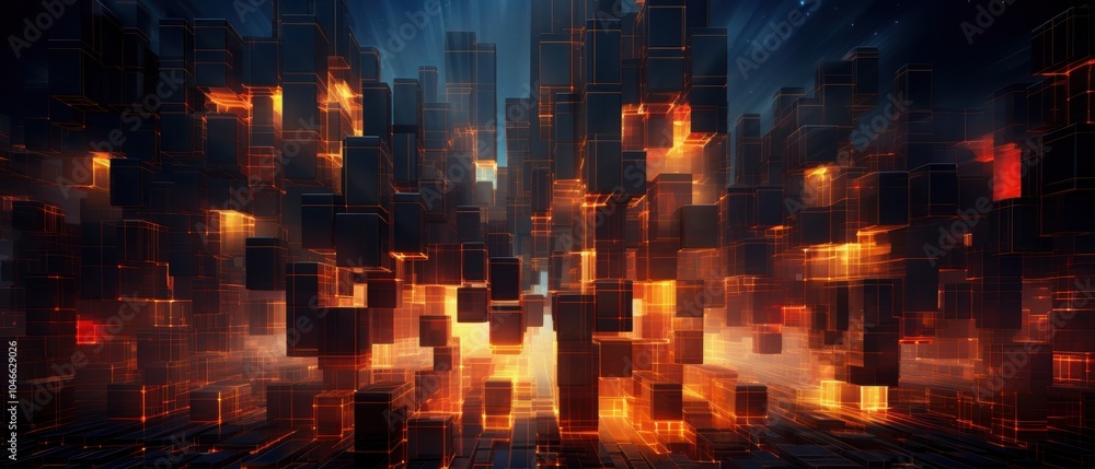 Poster futuristic cityscape with glowing blocks and vibrant colors, creating a sense of depth and dynamism.