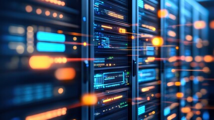 Futuristic data center with illuminated server racks and high-speed data flow.