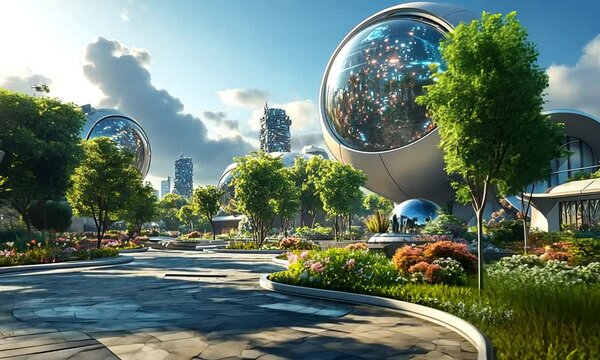 Futuristic park with spherical structures and lush greenery.