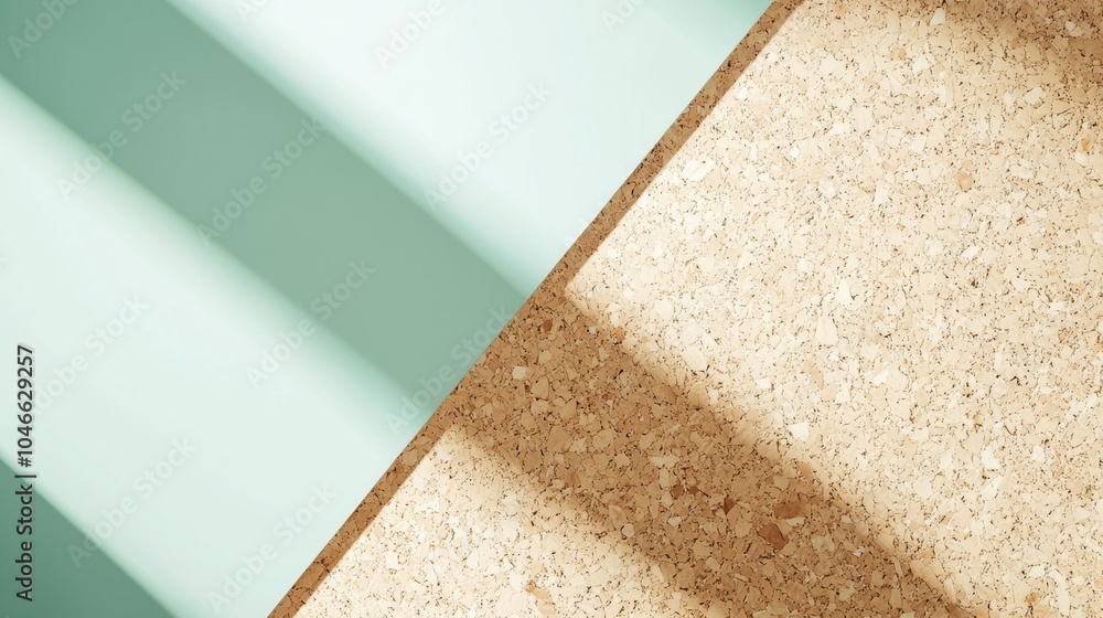 Poster sunlight is casting shadows on a green and cork background creating a geometric pattern. this simple