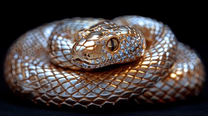 Fototapeta premium This stunning serpent, masterfully crafted in gold and embellished with dazzling gems, lies in an exquisite pose, showcasing its intricate design