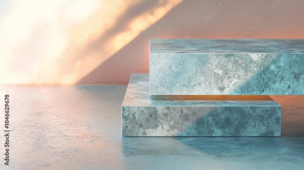 Poster two empty stone podiums casting a shadow on a concrete surface with sunlight shining through a windo