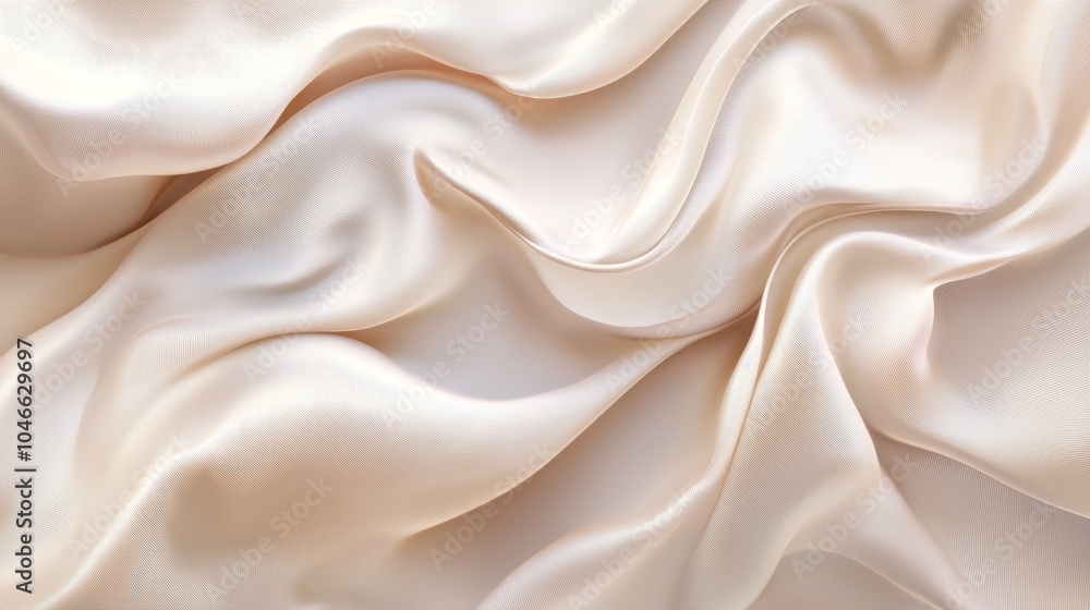 Aufkleber Flowing beige satin fabric with soft folds and delicate wrinkles, perfect for product ads. Luxurious, elegant texture with abstract wave patterns and shiny finish. Lots of copy space for text