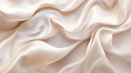 Obraz premium Flowing beige satin fabric with soft folds and delicate wrinkles, perfect for product ads. Luxurious, elegant texture with abstract wave patterns and shiny finish. Lots of copy space for text