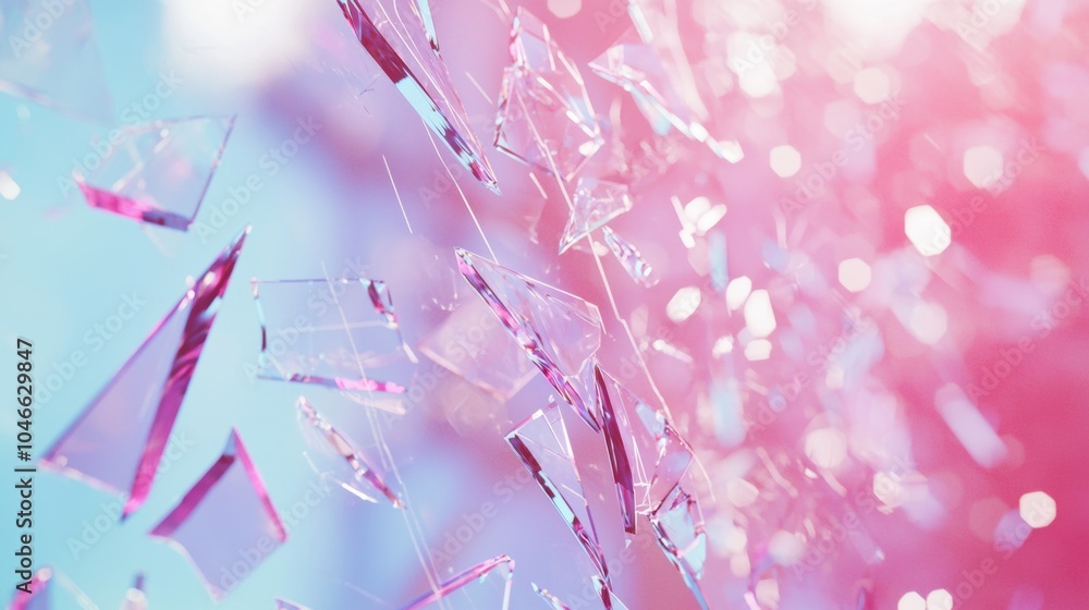 Poster abstract 3d rendering of broken glass shards falling through space with a pink and blue bokeh backgr