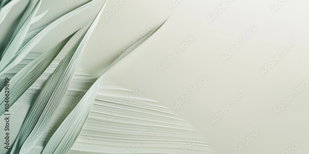 Poster Abstract background with green paper sheets creating gentle waves and curves on the left side leaving an empty space on the right side of the frame
