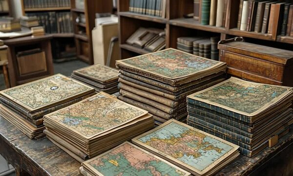 Stacks of vintage maps on a wooden table in a cozy library.