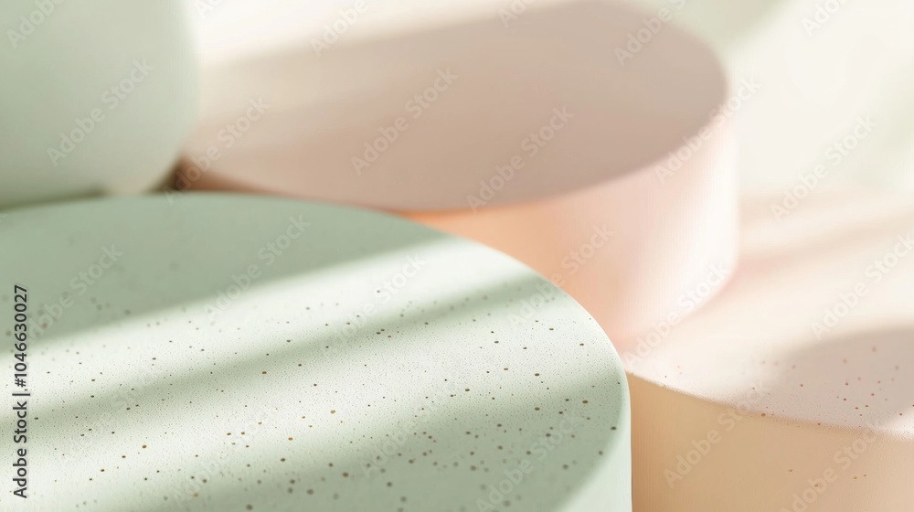 Poster Sunlight casting shadows on a set of round pastel-colored platforms, creating a minimalist and modern aesthetic. The soft, diffused lighting enhances the serene and calming atmosphere