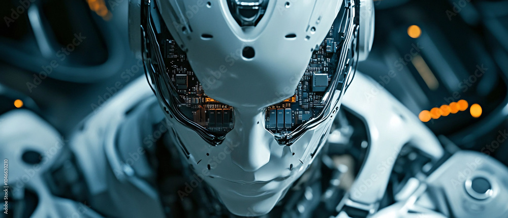 Poster closeup of a futuristic robots face with visible circuitry