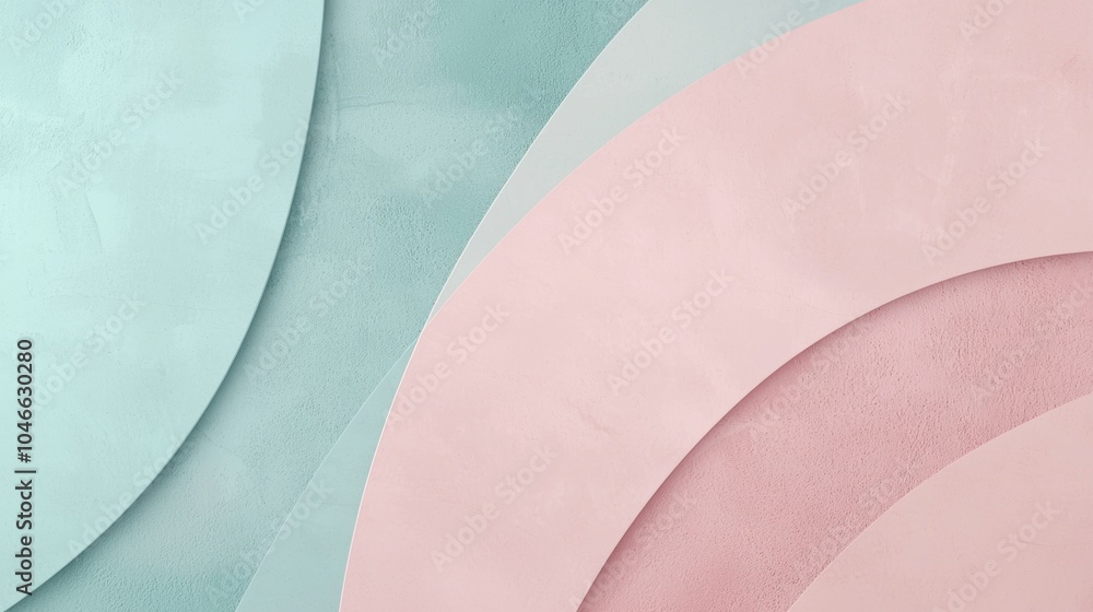 Poster textured background featuring overlapping curved shapes in pastel pink and blue hues, creating a mod