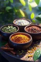 A wooden bowl filled with different types of spices on a table