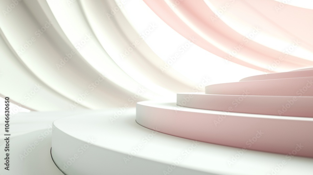 Poster 3d render of a minimal pink and white round podium resembling a staircase under a futuristic structu