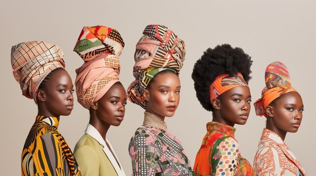 Cultural fashion designers showcase vibrant fusion styles with unique headwraps during a collaborative event in a contemporary setting