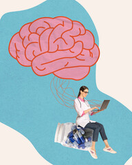 Doctor sitting on a jar of pills, symbolizing brain and health supported by medication and neurological treatments. Concept of health care, medicine, illness treatment. Contemporary art collage.