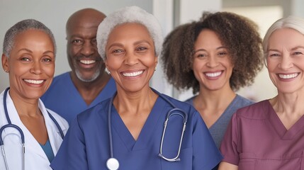 A diverse group of medical professionals smiles while collaborating in a modern healthcare setting to provide compassionate care for their patients during a busy day