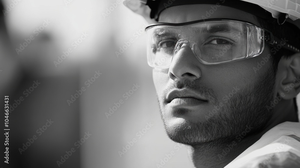 Aufkleber a construction worker focuses intently while wearing a hard hat and safety glasses on a busy constru