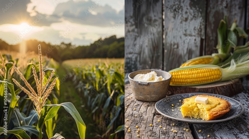 Poster a slice of cornbread with butter on a rustic table setting, with corn on the cob and a bowl of butte