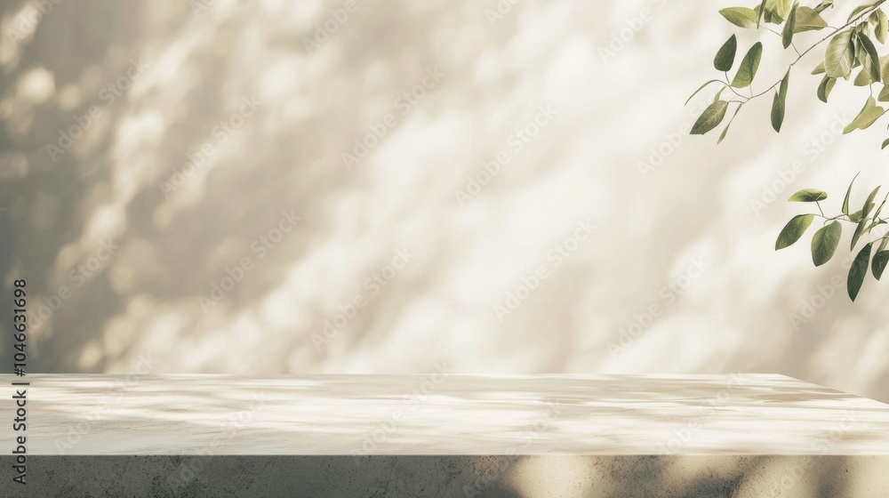 Poster empty tabletop bathed in soft light with leaf shadows on a beige background, creating a serene space