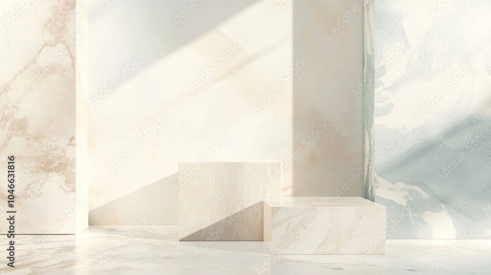 Poster two empty marble blocks casting shadows, creating a minimalist setting for showcasing products in th