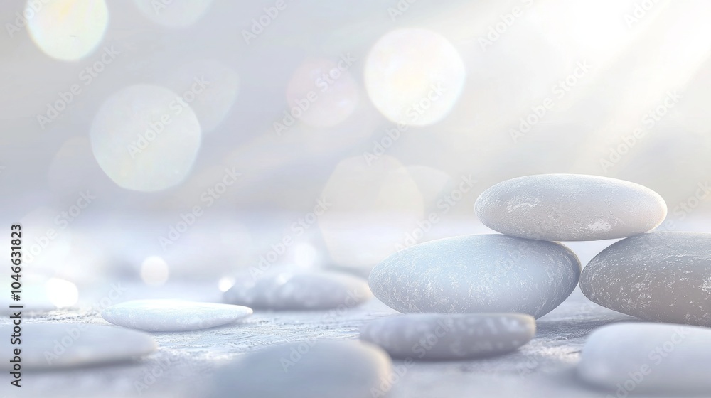 Poster several smooth grey stones are carefully balanced on top of each other, creating a calming zen atmos