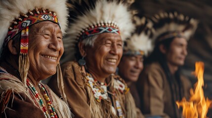 Indigenous peoples from various tribes gather around a fire, sharing stories and traditions in a cultural exchange, fostering community connection and mutual respect