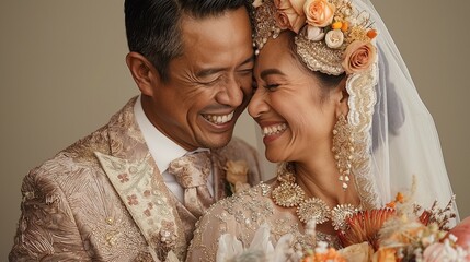 A joyful interfaith wedding ceremony showcasing the union of two cultures, held in an elegant setting with beautiful floral arrangements and heartfelt smiles