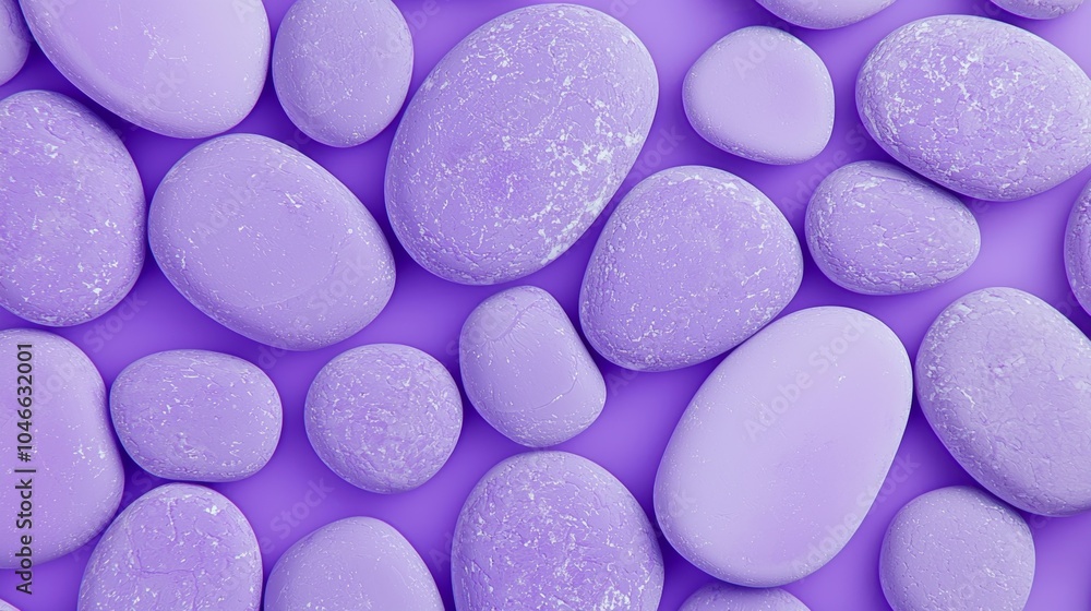 Poster group of smooth rocks painted in a vibrant violet color are arranged on a matching purple background
