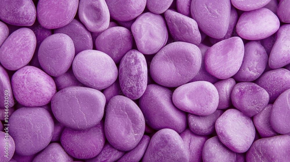 Poster smooth purple stones arranged in a flat lay view, creating a calming background with space for text.