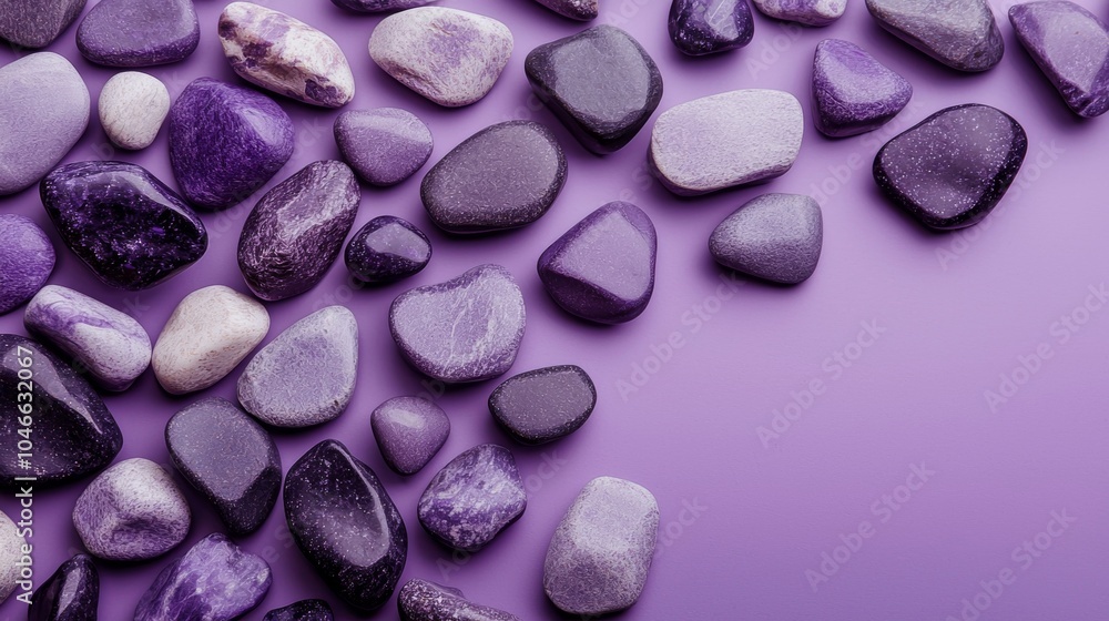 Poster smooth lilac stones on purple surface create calming abstract background with copy space, adding tra
