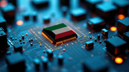 A Kuwait flagged microchip sits at the center of a circuit board, surrounded by glowing components, symbolizing role in technological innovation and semiconductor design.