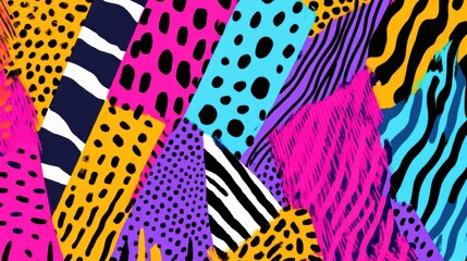 Vibrant and colorful abstract patterns featuring stripes, dots, and animal prints on a modern background.