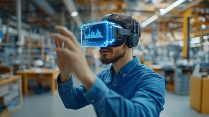 Engineer Using VR Headset Visualizing Business Data, Graphs, and Charts in a Factory Setting