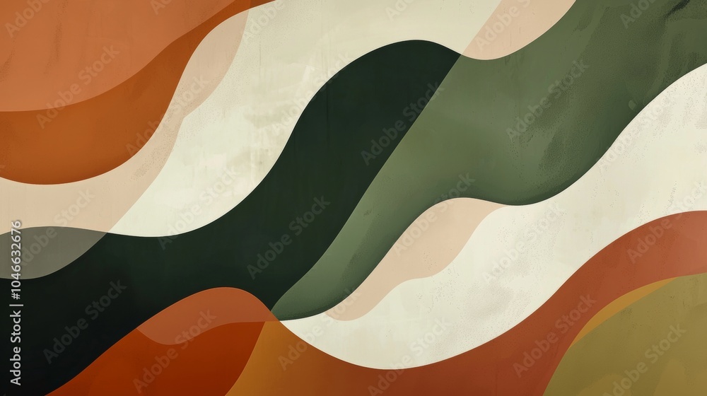 Poster abstract background with overlapping wavy shapes in a modern, earthy color palette of muted greens, 