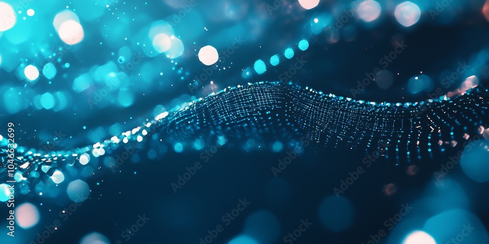 Poster abstract blue wave with glowing particles forming a futuristic technology grid on a dark blue backgr