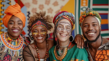 Fototapeta premium International students celebrate cultural traditions together, showcasing vibrant attire and joyful expressions in a collaborative gathering