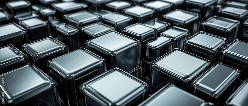 Poster a close-up view of shiny metallic cubes arranged in a patterned structure, perfect for modern design